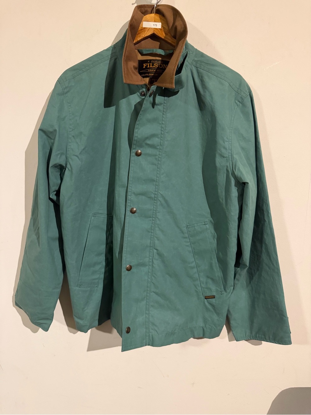 Filson Teal Green Lightweight Cotton Jacket with Brown Contrast Collar
